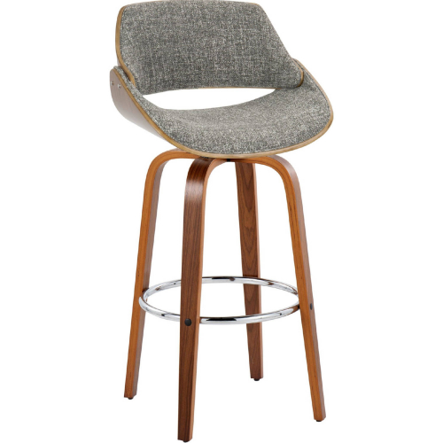 Fabrizzi 30" Swivel Bar Stool in Walnut Wood & Noise Grey Fabric with Chrome Footrest (Set of 2)